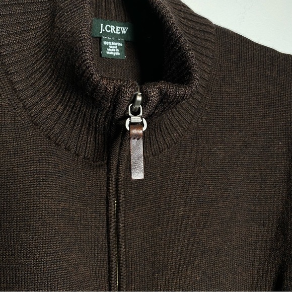 J. Crew Men's Dark Brown Full Zip Sweater 100% Merino Wool Leather Pull L - Picture 2 of 8